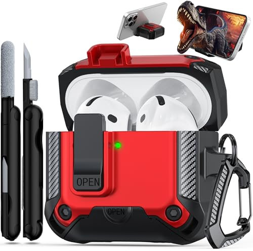 RFUNGUANGO Compatible avec l'étui AirPods 4e génération (2024), Conception de Boucle sécurisée, avec Stylo de Nettoyage et Fonction de Support,Rouge