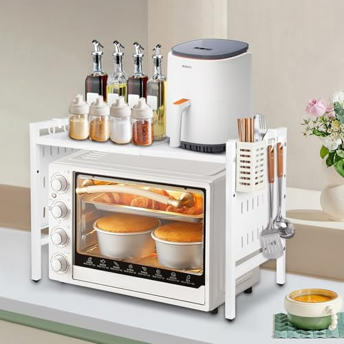 Drumm Étagère de Four à Micro-Ondes en Acier Inoxydable étagère 2 Couches pour Salle de Bain Cuisine Four à Micro-Ondes Rangement Organisateur Armoire (Blanc-42-68 * 36 * 46cm)