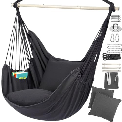Hängesessel Outdoor für Balkon und Garten, Hängesessel mit 2 Kissen und Montagezubehör, Hängeschaukel ohne Gestell Indoor und Outdoor, Entspannen, Lesen - Grau