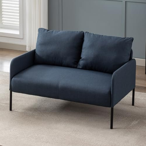 Ya-Home Sofa 2 Sitzer kleine Couch mit 2 Wurfkissen modernes Stoffsofa mit Armlehne Polstersofa leinen mini Sofa für Wohnzimmer/Wohnung/Büro, Blau
