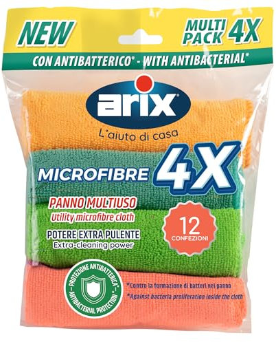 Arix | 48 Microfibre Multiuso con Antibatterico 30x30 cm, Panni in Microfibra per Pulizia, Potere Extra-Pulente, Adatta a Tutte le Superfici, Panno Multifunzionale Riutilizzabile - 12 Confezioni