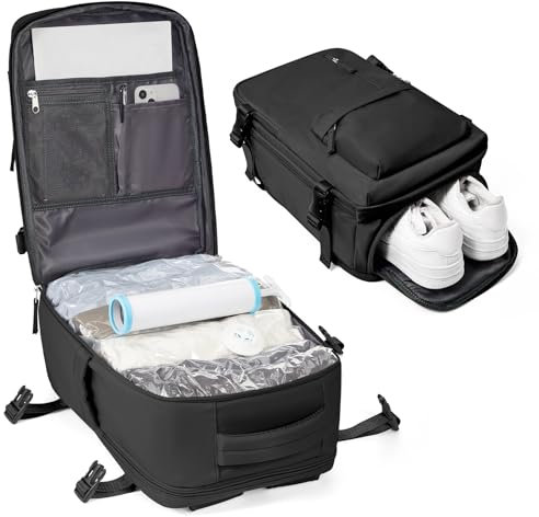 BJLFS Sac à dos Sous Vide Avec Pompe Ryanair 40x20x25 Sac à main Extensible Sac à Vide de Compression Portable Sac à dos de Voyage étanche avec système de compression scellé Noir