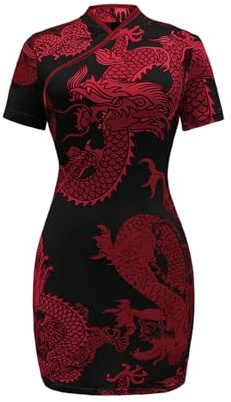 SOLY HUX Women's Cheongsam Dress Chinese Traditional Dragon Print Qipao Bodycon Mini Dress Black Red Dragon X-Large