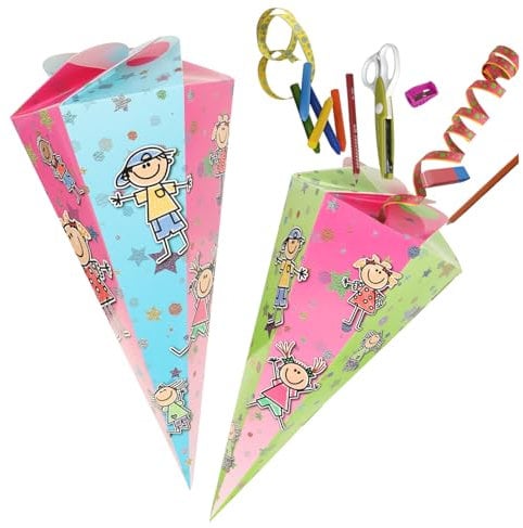 com-four® 2X Schultüte 30cm - Geschwisterschultüten aus Pappe - Faltbare Zuckertüte für die Einschulung zum Schulanfang - Geschenkverpackung für Schulanfänger