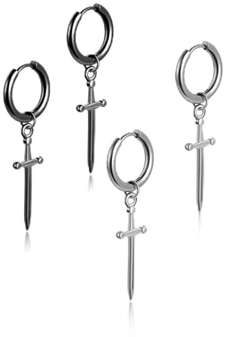 XENQITO 2 Paia Acciaio Chirurgico Orecchini per Uomo Donna Orecchini a Cerchio Pendente Croce Orecchini Pendenti con Croce Piercing Cartilage Orecchini Set Punk Orecchino per Uomo e Donna