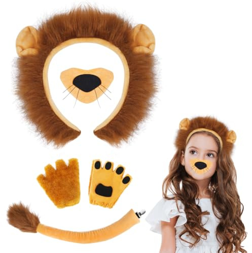AOOWU Löwe Stirnband Schwanz Set, 5-teiliges Löwen-Kostüm-Zubehör-Set mit Plüsch-Stirnband, Schwanz, Nase, Handschuhe, Halloween Kostüme Cosplay set Kostüm-Set, Tier-Kostüm-Set für Kinder