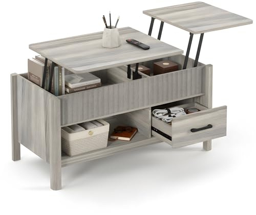 EORMM Höhenverstellbarer Couchtisch mit 2 Getrennten Platten & Stauraum | Couchtisch Holz in Eiche Optik | Moderner Wohnzimmertisch mit Schublade | Ausziehbar & Aufklappbar | 100x50x48cm