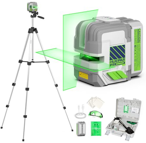 Huepar Pro Laser Level with 140cm Tripod Self Leveling Line Level GK011SGT | 140cm Tripod, Pulse Mode, Green Laser Level, USB‑C Charging, 18‑hour Battery, Switchable Line, DIY, Sturdy Carry Case