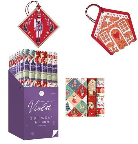 Design By Violet Gingerbread & Nutcracker Gift Wrap Set – 3 x 3m Wrapping Paper Rolls with 16 Matching Gift Tags – Luxury Recyclable Xmas Present Wrap