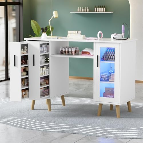 MSFE Mesa de Manicura,Estación de uñas Profesional con 2 Armarios Extraíbles Verticales,Armario de Gran Capacidad de 3 Niveles,Luces LED Ajustables para Salón de Belleza Profesional,108 * 45 * 76cm