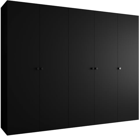 MEBLE KRYSPOL - Kleiderschrank - Garderobenschrank - 250 cm x 202 x 52 cm - Schrank mit Kleiderstange, 5 Türen - für Schlafzimmer, Flur - Parma, Schwarz, Griff Schwarz