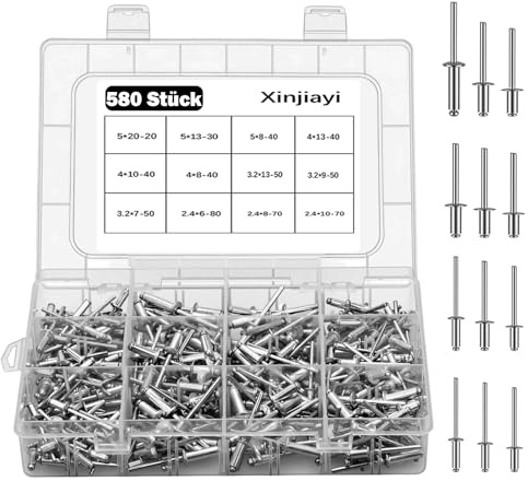 580 tlg Aluminium Nieten, 12 Größen Nieten Set 2,4/3/3,2/4/5 mm | Silber Blindnieten Set, Popnieten Sortiment für Blindnietzangen, Metall Möbel Holz Marine Schiffsbau