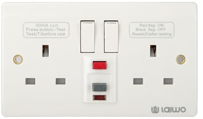 W LAIWO 2-Gang Switched RCD Socket White, UKCA Certified 230V 13A Residual Current Device Socket, for Home & Commercial Circuit Protection