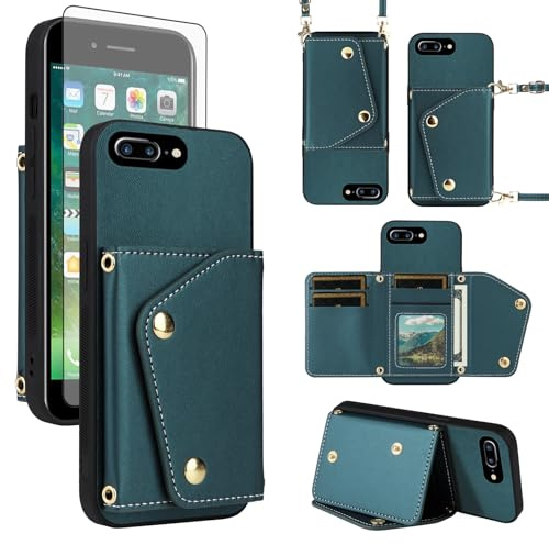 ELISORLI Wallet Case for iPhone 7plus 8plus 7/8 Plus & Screen Protector Slim Flip Purse Shoulder Strap, PU Leather Card Holder Stand Phone Cover for i Phone7s 7s + 7+ 8s 8+ Phones8 7p 8p Green