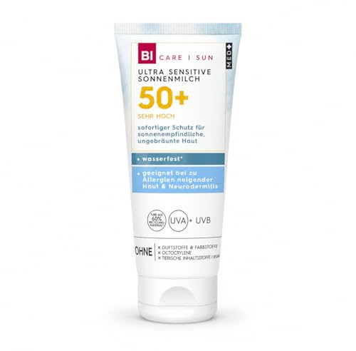 BI CARE SUN MED+ Ultra Sensitive Sonnenmilch LSF 50+ 200 ml – Wasserfeste Sonnencreme für empfindliche Haut – UVA UVB Schutz – Duftstofffrei & Farbstofffrei
