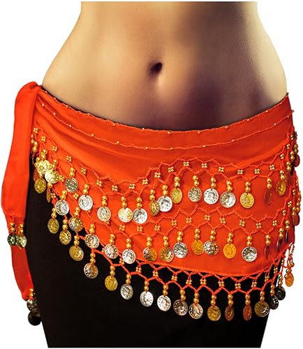 MyBeautyworld24 Belly Dance Bauchtanz Hüfttuch Kostüm 128 goldfarbenen Münzen Münzgürtel Gürtel in orange