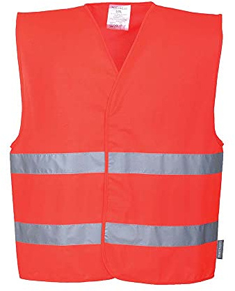 Portwest C474 Hi-Vis Two Band Vest Machine Washable Reflective Warp Knit | Red, 2X/3X Large, EN ISO 20471 Class 2, RIS 3279-TOM, UPF 40+, Classic Fit, Hook and Loop Closure, High Visibility, Rail