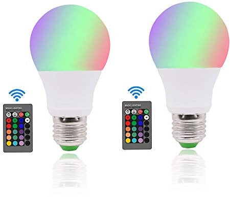 3W E27 LED Colour Changing Light Bulb, Edison Screw Dimmable 16 Coloured Bulbs with Remote Control, RGB Colours+ Cool White Mood Lights, 2 Pack