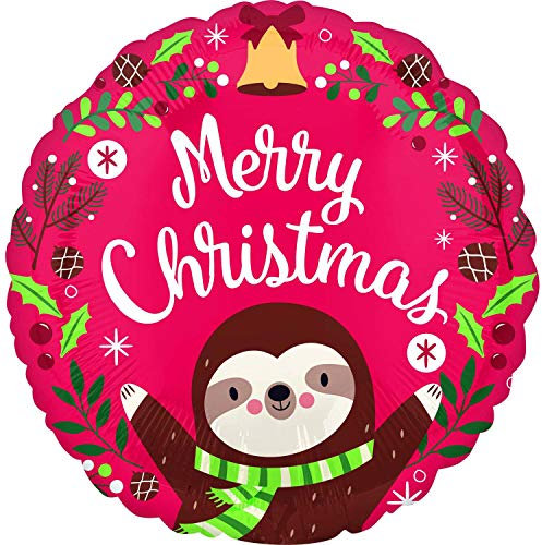 Amscan 4205001 - Standard Folienballon Merry Christmas Faultier, Durchmesser 43 cm, Sloth Christmas, Weihnachtsmann, Heliumballon, Party, Dekoration, Xmas