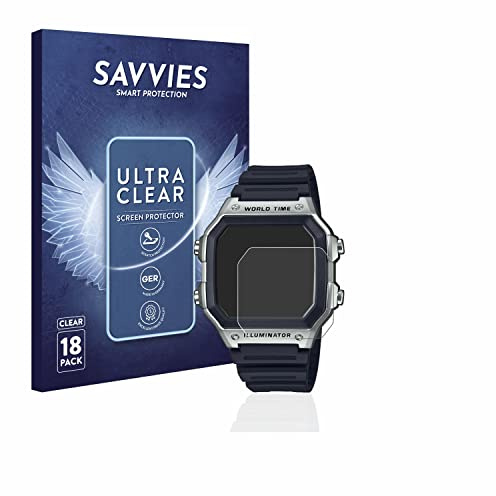 Savvies Schutzfolie für Casio AE-1200WH | 18 Stück Transparenter Displayschutz Made in Germany Ultra-Klar Displayschutz-Folie