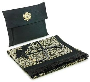 ihvan online Muslimischer Gebetsteppich und Perlen Mit Eleganter Tragbar Stoff Tasche, Janamaz, Sajjadah, Weiche Islamischen Gebetsteppich, Islamische Geschenke, Gebet Teppich Matte, Schwarzer