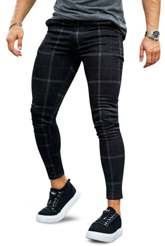 GINGTTO Pantalon Chino Homme Slim Stretch Carreaux Sergé Extensible Skinny Tissu Décontracté Tapered Casual Noir 34W/30L
