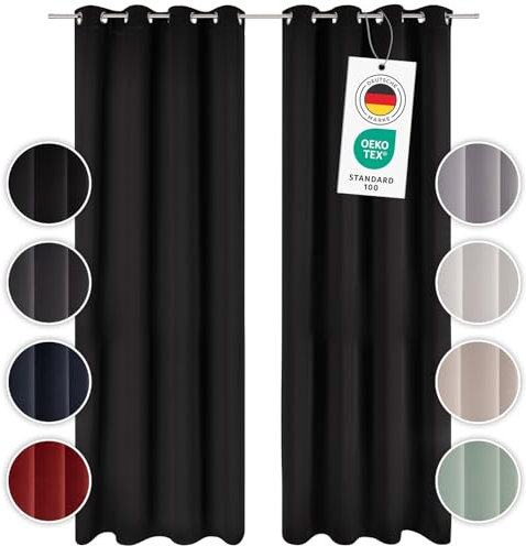 Blumtal Verdunklungsvorhänge 2er Set - Thermovorhang Hitzeschutz - Vorhang Blickdicht mit Ösen - Gardinenschals mit Schlaufen - Isoliervorhang - Gardinen 160x132 cm - Wärmeschutzvorhang - Schwarz