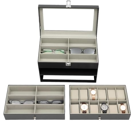 NaMaSyo Uhrenbox, Display Uhren- und Sonnenbrillen-Schmuckbox, 12 Uhrenbox-Schmucketui und 12 Slots Sonnenbrillen-Organizer, Brillenetui Uhren- und Sonnenbrillen-Box für Herren Damen