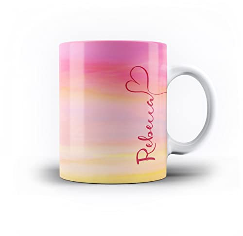 iCaseDesigner Personalised Watercolour Painting Name with Heart 11oz Ceramic Mug - 7. Sunrise Pinks Vertical Name