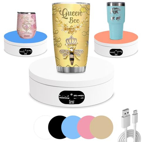 YVV Motorized Rotating Display Stand, Turner for Tumblers with Adjustable Speed Roller, 360° Automatic Mute Spin Turntable Photography Display, Tumbler Spinner Products and Show Electric Tumbler Stand