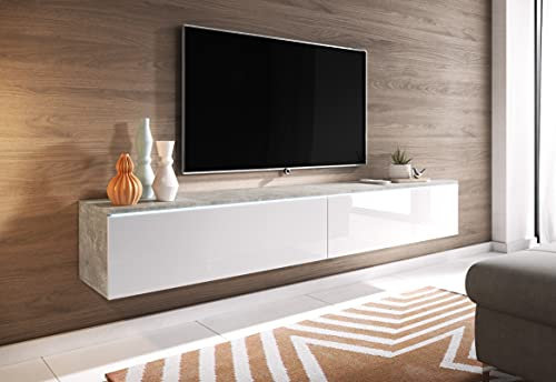 PIASKI Mobile TV Lowboard D 180 cm, Galleggiante, Bianco Cemento, Illuminazione LED Opzionale (Senza LED)