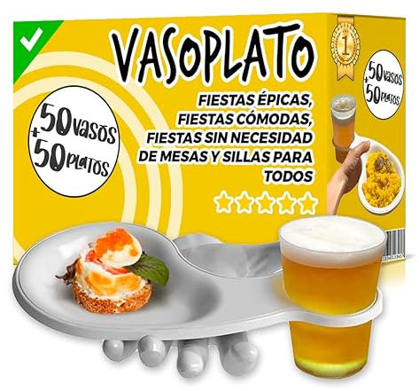 Platos Plastico Duro Reutilizables - Vaso Plato Reutilizable 2 en 1 - Vasos Plastico Duro Reutilizable + Plato Incorporado - Platos para Fiestas, Bodas, Cumpleaños y Eventos - Apto para Lavavajillas
