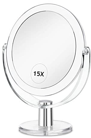 CLSEVXY Schminkspiegel mit Ständer, 1-fach/15-fache Vergrößerung, doppelseitig, 360-Grad-schwenkbarer Vergrößerungsspiegel, 16.25 cm, tragbarer Tisch, Schreibtisch, Rasieren, Make-up-Spiegel