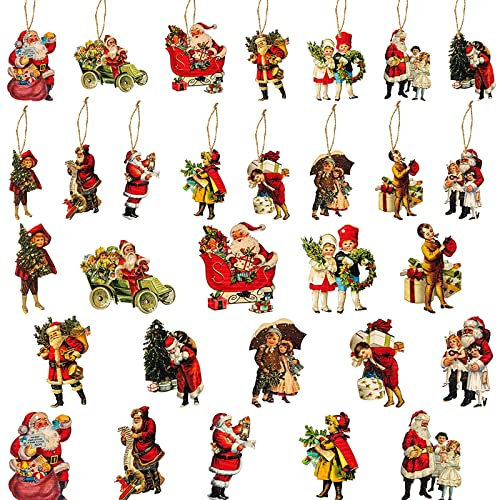 46 Pcs Christmas Victorian Style Wood Ornaments Decorations, Vintage Santa Claus Kids Wood Hanging Signs Pendant for Home Door Windows Xmas Party Decoration