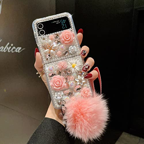 CrazyLemon für Samsung Galaxy Z Flip 4 5G 2022 Diamant Hülle, Handyhülle mit Pompom Ball Funkelnd Kristall Glänzend Steine Perle Rose Design Schutzhülle für Frauen Mädchen - Rosa