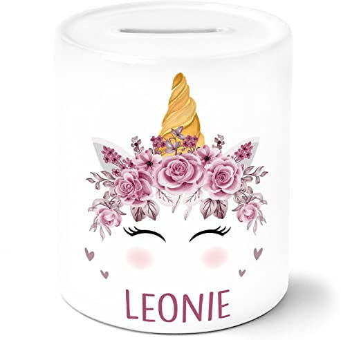 SpecialMe® Kinder Spardose mit Namen Bär Fuchs Einhorn Tiermotive personaliserte Geschenke Sparschwein Keramik Einhorn weiß Spardose