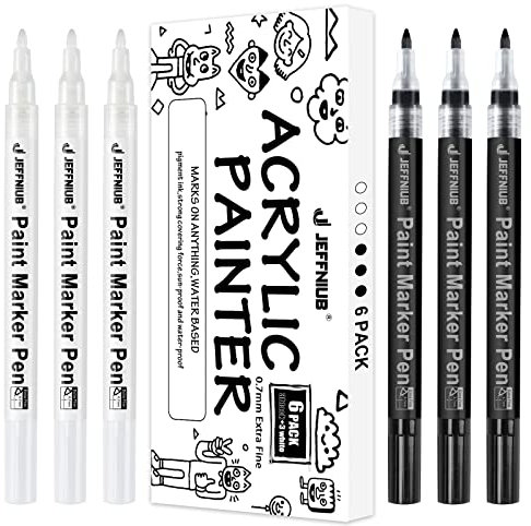 JEFFNIUB Feutre Acrylique Noir et Blanc Pointe Fine, 6 Stylo de Peinture Acrylique Noir et Blanc pour Toile, Galet, Verre, Metal, Pneu, Bois Marqueur Peinture