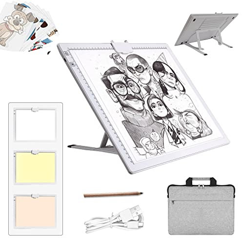 A3 LED Light Pad with Carry Bag, Wireless Battery LED Light Pad with Stand Rechargeable 6 Adjustable Brightness Tracing Light Box Pad for Drawing Sketching Animation Weeding Vinyl(White)