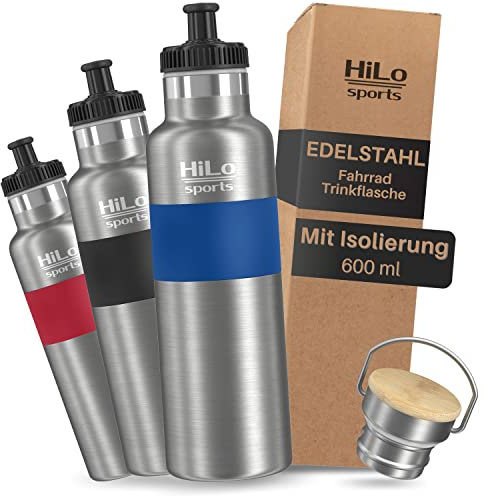 HiLo sports isolierte Trinkflasche Fahrrad Edelstahl 600ml - [Hält 12h warm & 24h kalt] Thermo Radflasche - Auslaufsichere Metall Fahrrad Trinkflasche mit 2 Verschlüssen