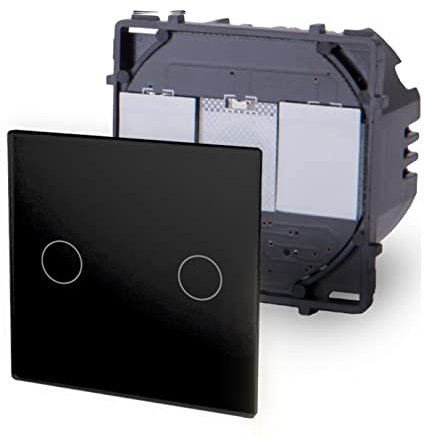 Luxus-Time Touch Lichtschalter Steckdosen USB HDMI Modul UP Touch POINT Blende Glas Touchlichtschalter in Schwarz Aluminiumrahmen in Gold Unterputzdose (Modul: 2 Fach Dimmer Schwarz Point)