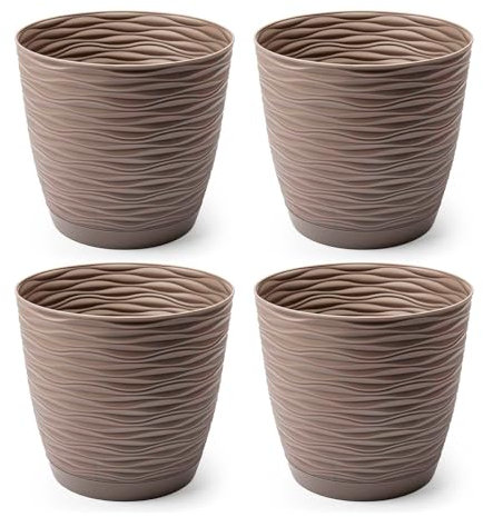 AC - Pack de 4 Macetas Redondas con Plato - Diseño Wind (Ø 15 cm) - Fabricado en plástico - Ideal para jardín Exterior, terraza o balcón - Color Marrón Topo