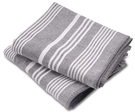 Cuisinart Fouta Striped Grey Tea Towels for Kitchen Set of 2 - Antibacterial, Hypoallergenic, Absorbent Terry Kitchen Towels, 40x70 cm