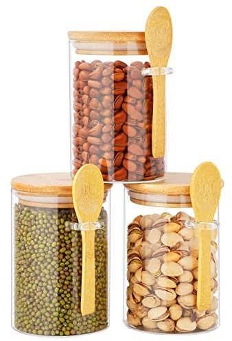 RHtvrll 3Pcs Glass Jars with Airtight Lids and Spoon, Clear Spice Jars/500ml Kitchen Food Storage Canister, Overnight Oats Container for Spice, Salt, Sugar, Seeds, Nuts etc