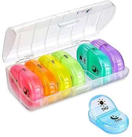 Fullicon Pill Box Organiser 2 Times A Day, Portable 7 Day Pill Boxes, Tablet Organiser with Large Compartments for Medicine, Medication, Vitamin and Fish Oil Supplements (Clear Rainbow)