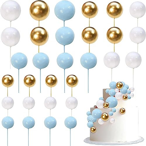 SYKYCTCY 24 Pack Colorful Ball Cake Topper Mini Balloon Cupcake Toppers DIY Foam Ball Cake Insert Decoration for Wedding Anniversary Baby Shower Birthday Party Decorations Supplies Blue Gold White