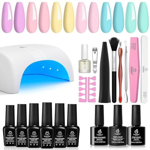 Beetles Gel Polish with 2X Faster LED Nail Lamp 6 Colors Manicure Kits with Base Top Coat Baby Blue Yellow Pink Art Salon Diy Home