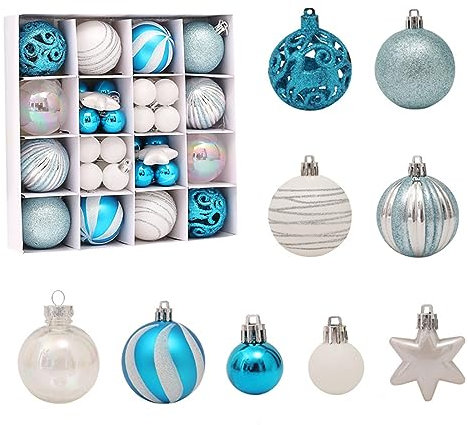 Fouriding 42 Stücke Weihnachtskugeln Kunststoff Christbaumkugeln Hängende Dekoration für Weihnachtsbaumschmuck Dekoration (Buntes Blauweiß)
