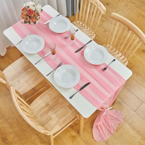 Chemin de Table en Mousseline de Soie, 70 x 300 cm, Lavable, Chemin de Table décoratif en Tissu, Table Runner, Décoration de Table pour Mariage, Fête, Anniversaire, Communion (B - Rose)