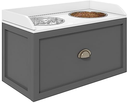 PawHut Gamelles Chiens Surélevées - Porte-gamelles surélevé Chat Rangement 2 en 1 - tiroir, 2 gamelles 2L - en Acier INOX. et Bois Blanc Gris