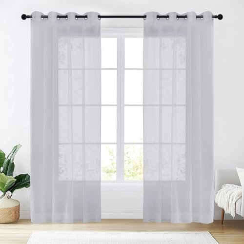 NAKIHOUSE Voile Curtain 84 Drop 2 Panels Net Curtains for Windows Eyelet Top Sheer Curtains for Kitchen Living Room Bedroom Window Treatment, Silver Voiles, 52 x 84